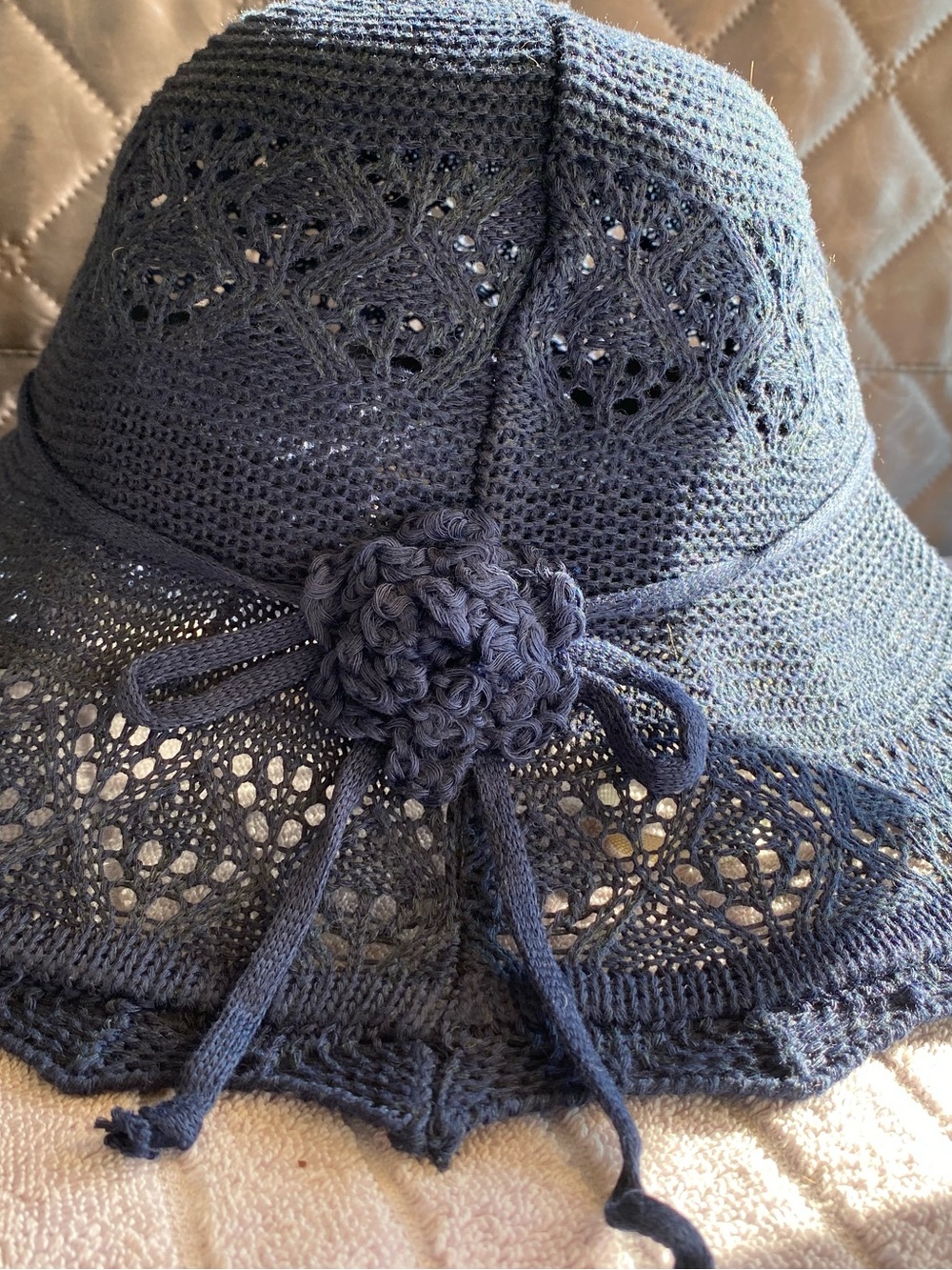 GRANK Navy Blue Crochet Lace Sun Hat – Foldable Wide Brim Travel Beach Hat